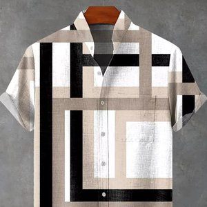Polo informal fresco y cómodo de verano para hombre 2025, camisa de manga corta con patrón Irregular, camisa de moda con botones de lino estampados - Product Image 3
