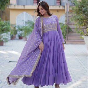 Robe indienne à la mode Anarkali Kurti Dupatta costume de mariage vêtements de fête en lin avec broderie en soie Banglory travail au sol pour les femmes - Product Image 1