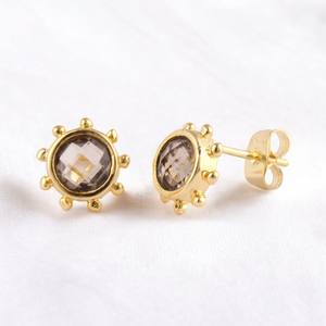 Pendientes redondos de piedras preciosas de cuarzo ahumado de 8 MM-Pendientes de tendencia de plata 925-Joyería al por mayor - Product Image 1