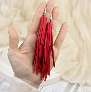 <b>Red</b> Leather Tassel Long <b>Earrings</b>, Statement <b>Earrings</b> in Boho Style - Product Image 2