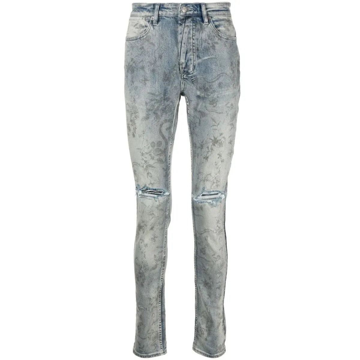 2023 bleu clair stretch coton lavé denim all-over imprimé graphique hommes jean skinny coupe slim taille moyenne hommes broderie jean