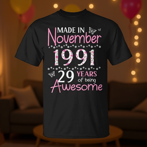 T-shirt per compleanno prodotta a novembre del 1991, 29 anni di successo, unisex, girocollo, manica corta, stampa digitale, per adulti - Product Image 3