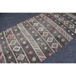 Turkish Accent Rug, 4.3x10.8 ft Vintage Rug, <b>Brown</b> Geometric <b>Wool</b> Rug - Product Image 2