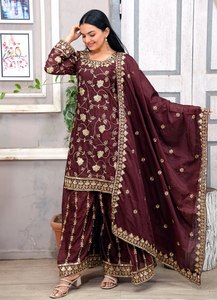 New Designer Heavy Pure Chinon Silk Long Pakistani Suit Fancy Style <b>Top</b> Sharara and Dupptta - Product Image 4