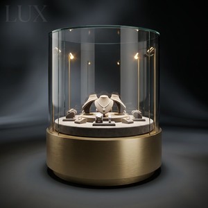 Vitrine de présentation de montres cylindrique rotative à 360° de qualité muséale LUX, en acier inoxydable et verre de luxe - Product Image 1