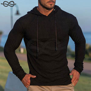 Sudaderas con capucha musculares para hombre, camisa de gimnasio acanalada ligera de manga larga elástica, Sudadera con capucha ajustada, entrenamiento físico - Product Image 5