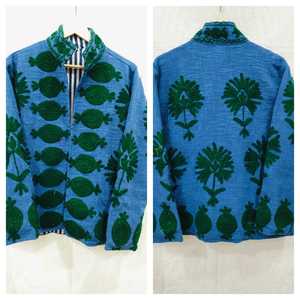 Sujani <b>Ladies</b> Khadi Cotton Blazer <b>Jacket</b> Autumn Varsity Style Fringed <b>Sequins</b> Crystal Decorations Double-Breasted Linen Lining - Product Image 1