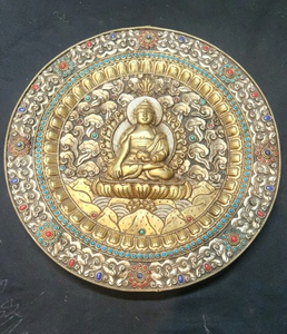 Gemstone Studded Mandala Tibetan Copper with Gold Finish SCULPTURE Buddhism Metal & Collectible India <b>Engraving</b> NP <b>Art</b> - Product Image 6