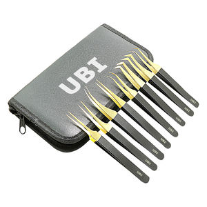 UBI UBI-009 Pack de 8 pinces professionnelles pour extensions de cils, or et noir, en acier à haute teneur en carbone, pointe dentelée 12MM, courbées, droites, 3D - Product Image 1
