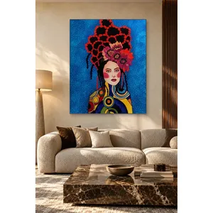 Fida, femme avec couronne de fleurs rouges et cheveux tressés, impression sur toile - Product Image 3