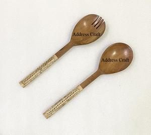 Tendance Salade Serveur Cuillère Fourchette Ensemble En Bois Salade Outils Osier Poignée Cuillère De Service Fourchette Vaisselle Ensemble Cuisine Salade Commode - Product Image 1