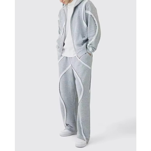 Algodón de alta calidad French Terry Streetwear gris pierna ancha de gran tamaño Boxy Zip Panel Wide Jogger hombre chándal conjunto - Product Image 2