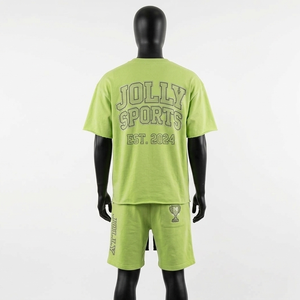 เสื้อยืดแขนสั้นผ้าคอตตอนเจอร์ซีย์ 200 GSM สีเขียวมะนาว ชุดเซ็ตผ้าเนื้อนุ่มระบายอากาศดี พิมพ์ลายสกรีนโลโก้ตามสั่ง ชุดเซ็ตวิ่งออกกำลังกายสำหรับผู้ชาย - Product Image 2