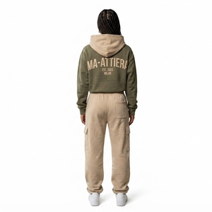 Ensemble jogging cargo à capuche court pour femme, personnalisé, en molleton de coton, color block vert olive et beige, style streetwear, OEM, vente en gros - Product Image 2