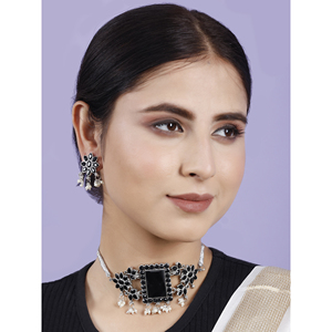 Collier ras du cou rectangulaire noir avec grosse pierre - pour les occasions festives - Product Image 4