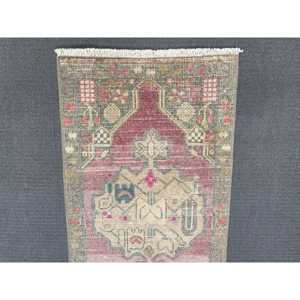 Turkish Vintage Traditional Rug Eco Friendly Latex Backing 1.5x2.8 ft Small <b>Red</b> Patchwork <b>Wool</b> Rug - Product Image 4