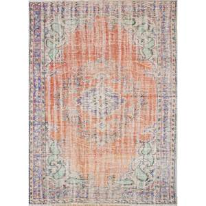 Alfombra de Lana Anudada a Mano de Estilo Vintage, Diseño Rectangular Abstracto con Medallón Rojo Naranja para Sala de Estar, Pae-2901 - Product Image 1