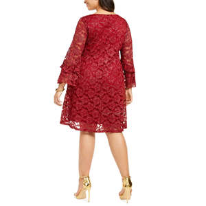 Abito da donna Robbie Bee taglie forti 1X rosso in pizzo con maniche a campana, stile vintage, stampa floreale, silhouette ampia a trapezio, lunghezza al ginocchio - Product Image 2