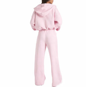 ชุดเซ็ตเสื้อฮู้ดครอปซิปสีชมพูสำหรับผู้หญิงและกางเกงขายาวทรงกว้าง ผ้าฝ้ายฟลีซ ทรงหลวม สกรีนโลโก้ได้ ขายส่ง - Product Image 2