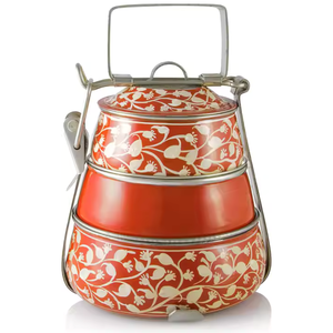 Fiambrera de acero, fiambrera impresa de color acero, 3 niveles, color rojo y amarillo, Tiffin, mango de diseño único Tiffin - Product Image 1