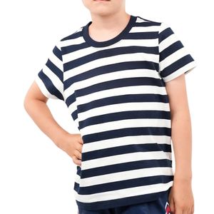 เสื้อยืดเด็กคอตตอน 100% สัมผัสนุ่ม สกรีนแบรนด์ได้ตามต้องการ ทรงปกติ สีกรมท่า-ขาว เสื้อยืดเด็ก คอกลม แขนสั้น ลายทาง - Product Image 1