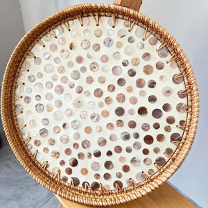 Plateau de service élégant en rotin naturel floral tissé à la main mosaïque décorative en incrustation de nacre pour la décoration intérieure rangement de cuisine - Product Image 5