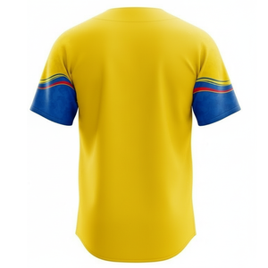 Uniforme de baseball d'équipe personnalisé le plus vendu |   Combinaison de couleur jaune et bleu royal sublimée avec une vague rouge, boutons sur toute la longueur et pantalon - Product Image 3