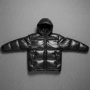 Blouson d'hiver pour homme sur mesure OEM, brodé, à capuche, surdimensionné, coupe-vent, imperméable, tendance, matelassé, brillant, devant droit - Product Image 1