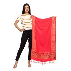 Floral Border Winter <b>Wool</b> Stole-<b>Red</b> - Product Image 1
