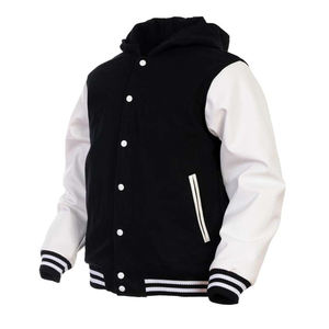 Chaqueta Unisex Estilo Universitario con Capucha Multicolor, Mangas Blancas en Contraste, Ribete Acanalado a Rayas, Botones a Presión, Moda Urbana - Product Image 6