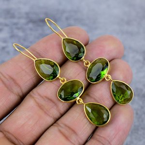 Green <b>Peridot</b> Pear 925 Sterling Silver <b>Earrings</b> Trendy <b>Gold</b> Plated Attach Wire Elegant Wedding Anniversary Party Gifts for Her - Product Image 1