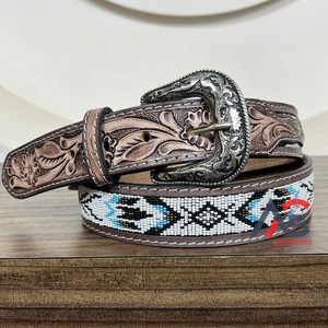 Venta al por mayor diseño de moda cinturón de cuentas de cuero mecanizado a mano cinturón occidental ajustable de cuero genuino de alta calidad duradero para Unisex - Product Image 1