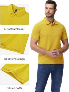 Polo de Piqué de Algodón Amarillo de Manga Corta para Hombre, Cierre de Botones, Color Sólido, Tejido Transpirable, Corte Regular - Product Image 4