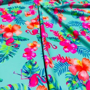 Tissu écologique imprimé léopard et rose Cayennes Flamingos 78% recyclé 22% extensible 100% tricoté pour filles - Product Image 1
