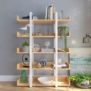 White Iron Frame <b>Bookshelf</b> with Wood Finish Standing Type for Living Room Decor-SFKS007 - Product Image 3
