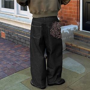 Pantalones Vaqueros Negros Deslavados Vintage al por Mayor, Pantalones Holgados de Estilo Urbano Vintage para Hombre con Logotipo de Flor Bordado - Product Image 2