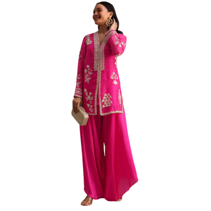 Costume de travail rose Resham Kurti Palazo, vente en gros de vêtements ethniques pour femmes, fournisseur d'usine, tenue de fête et de mariage personnalisée - Product Image 3