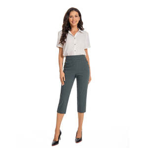 Pantalones Capri Casuales de Verano para Mujer, Cintura Alta, Manga Corta, Silueta Recta, con Botones, Elásticos, a Cuadros, Tejido de Punto - Product Image 5