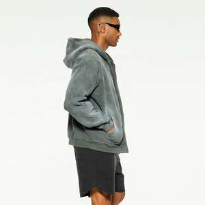 Wholesale Fleece Terry Cotton Soft Hoodie Rhinestone New Designed Zip up Acid Washed Patch Embroidery Heavyweight Hoodie for <b>Men</b> - Product Image 2