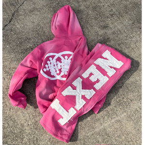 Custom Hot Selling Zip up Sweat Suits Distress Patch Acid Wash <b>Hoodie</b> and Sweatpants Set Flared Tracksuit for <b>Men</b> and Women - Product Image 2