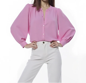 Blusa de Chifón Rosa Casual de Verano al por Mayor para Mujer, 100% Algodón Tejido, Cuello Redondo, Botones, Manga Abullonada Tres Cuartos, Secado Rápido, Personalizable - Product Image 2