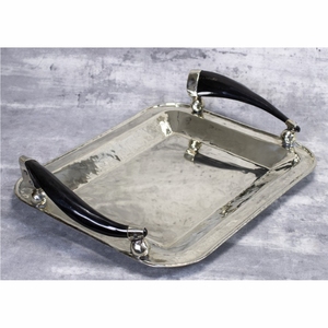 Bandeja de Servicio de Metal Martillado Hecha a Mano con Asas de Resina con Incrustaciones de Cuerno, Bandeja Decorativa Otomana Pulida de Primera Calidad - Product Image 2