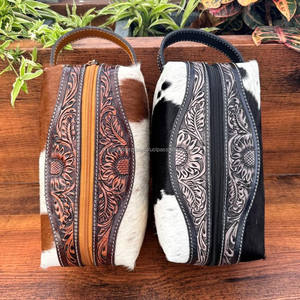 Hand <b>Tooled</b> Leather Toiletry Organizer Shaving <b>Kit</b> Man Women's Travel Cosmetic Bags New Arrival Cowhide Leather Makeup Bags - Product Image 6