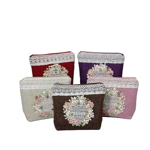 Holders Luxury Wholesale <b>Purse</b> with Zipper Hand-Sewn Round Rose Ribbon Lace Fabric at Opening Checked Patterns - Product Image 1