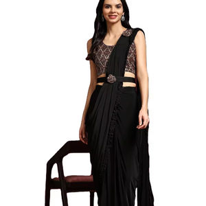 Dernier Designer Satin Soie Broderie Séquence Prêt à Porter Saree By Fab Zone - Product Image 1