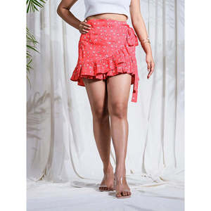 Red Floral Wrap Skort Elastic Waistband Adjustable Side Tie Breathable Fabric High-Waisted Design Layered Ruffles for Casual - Product Image 3