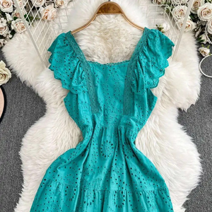 Vestidos Elegantes de Gasa con Bordado Calado para Mujer, Verano, Vacaciones, Volantes, Sin Mangas, Estilo Coreano, Hasta la Rodilla, Rectos, Dulces y Naturales - Product Image 4