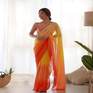 Moodern Fancy Dressing Tendance Outfit Vente Chaude Faux Double Ombré Georgette Saree Blouse Avec Fantaisie Arco Border Travail À Vendre - Product Image 1