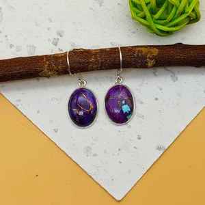 Boucles d'oreilles pendantes en argent sterling 925 Dainty Oval Violet Cuivre Turquoise Mohave Turquoise Bezel Design pour fête ou cadeau - Product Image 1