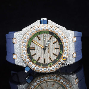 Reloj Moissanite de alta calidad con banda de goma azul Impresionante variedad de diamantes de corte brillante Caja de acero Ventana de esfera de vidrio - Product Image 4